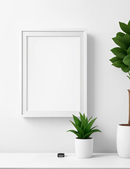 Empty frame mockup on white wall background next to artificial plants.