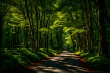 A gray concrete road winds its way through a dense forest of vibrant green trees. The road stretches far into the distance, disappearing into a canopy of foliage.