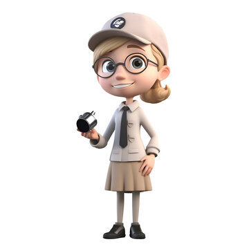 3D illustration of a female police officer with a whistle on a white background