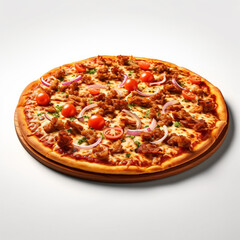 classic Italian cheese pizza on a wooden tray, one single slice of pizza isolated on white background