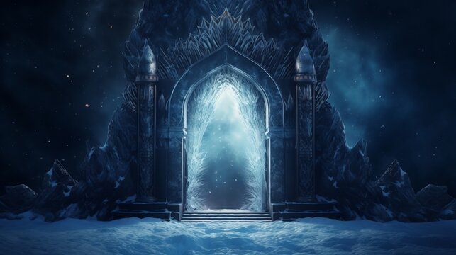 Winter magical portal with ice crystal door and glowing entrance to a fantasy castle on a snowy landscape