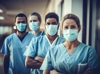 Group of doctors and nurses showing face masks in hospital
