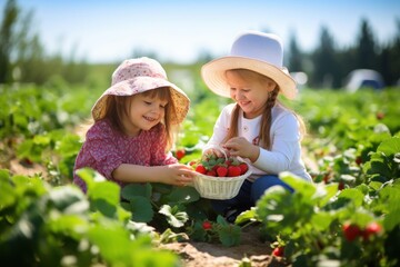 Girls with strawberries on sunny day