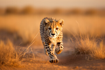 Slender cheetah sprinting across the grasslands.