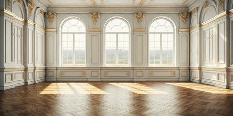 Big Empty room in light colors, big windows, vintage style. Empty banquet hall with a parquet floor. 