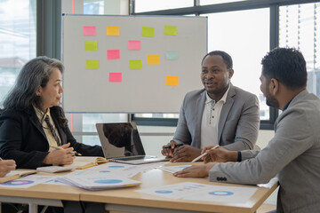 Business meeting, technology and people planning, management and collaboration for financial report or proposal. happy discussion on laptop and documents for accounting project workflow above