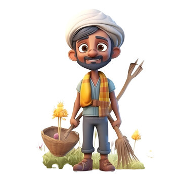 3D illustration of a young Indian farmer with a pitchfork and a straw basket