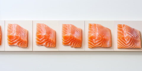 Closeup of fresh Slices of salt Salmon on a wooden desk, light colors. Red premium fish close-up.