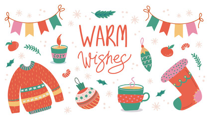Merry Christmas and New Year elements set. Warm wishes lettering. Hand drawn vector isolated cute stickers. Sweater, candle, stocking, flags, mug, tree toys. Good for cards, prints, posters