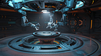 3d rendering of highly detailed futuristic hall with robotic arms or cybernetic sci-fi space station designed for machinery building.