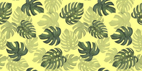 Tropical leaves pattern on yellow background. Green leaf monstera seamless. Artistic photo collage for floral print. For textile, paper, design, fabric