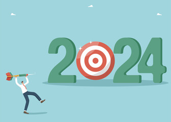 Setting business target for new year 2024, developing strategy or plan to achieve financial goals or results in work, striving or motivating for success in new year, man throws dart at board for 2024. - obrazy, fototapety, plakaty