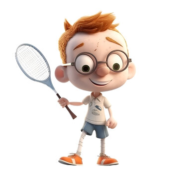 Cute cartoon boy playing tennis with a racket. 3d rendering