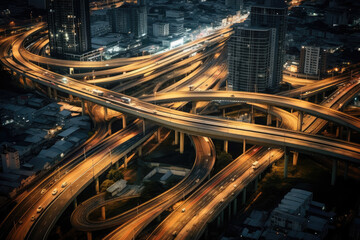 Aerial photography of large overpass bridge in modern city at night