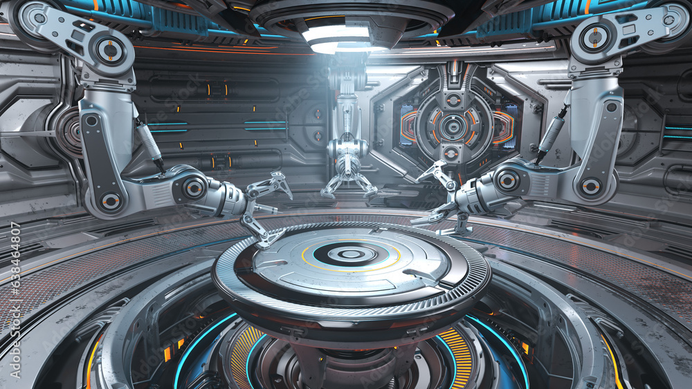 Poster 3d rendering of highly detailed futuristic hall with robotic arms or cybernetic sci-fi space station