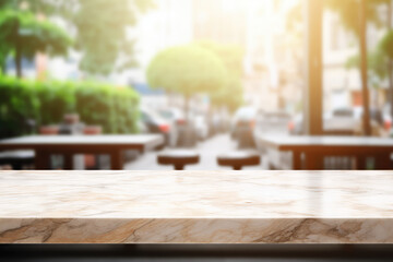 A wooden countertop in front of a blurred street background