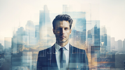Fototapeta premium Double exposure of a business man in a suit in front of a city building background
