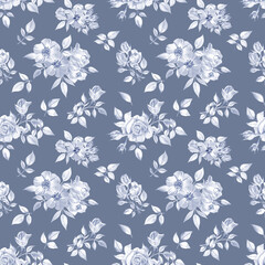 Floral pattern with the indigo-blue toned roses on a pastel indigo background. Seamless design for fabric, wallpapers, wrapping paper, stationery goods