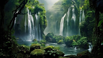A beautiful waterfall surrounded by trees in the middle of the forest, grandiose natural splendor, sunny rays.