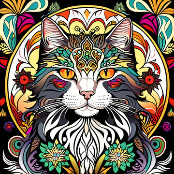 Colorful cat with pattern on a black background. 