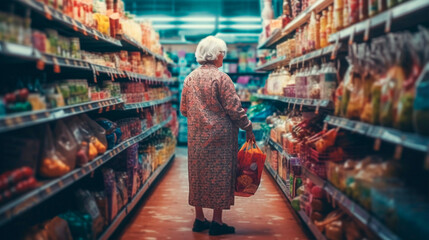 Elderly woman in a supermarket aisle shopping for food. Retired lady buying products in a food store.