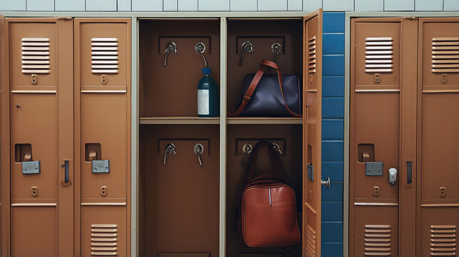 Сloseup of school locker. Minimal style creative wallpaper with many open school metal lockers with cloths. 