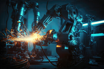 Obraz na płótnie Canvas A welding robot working on the assembly line, AI generated