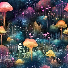 Obraz na płótnie Canvas seamless pattern of watercolor fantasy trees and mushrooms.