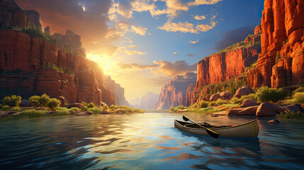 Canoe on the lake in a canyon, sunrise, illustration