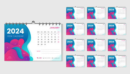 Fototapeta na wymiar 2024 calendar design template, minimal and trendy desk calendar with unique vector illustration for 2024, abstract and fluid colorful shapes with white background, set of 12 pages in blue, pink colors