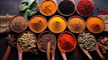 The spices are neatly arranged on the table