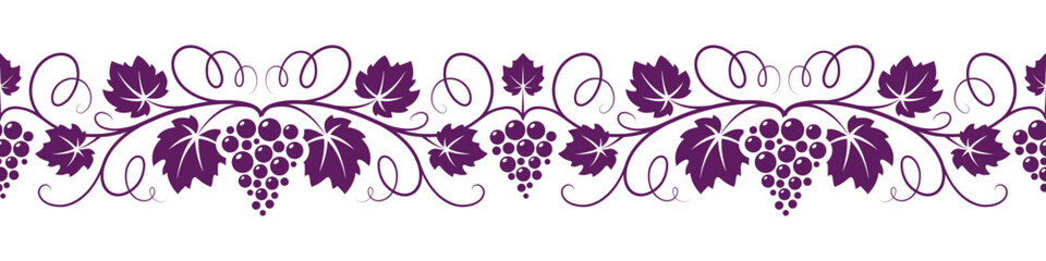 Grapes vine seamless horizontal pattern. Decorative illustration for grape juice or wine label, banner design. - obrazy, fototapety, plakaty
