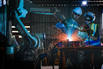 factory engineers using smart control to control the arm robot machine for cutting the metal sheet....