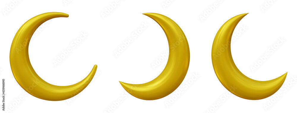 Poster set of islamic crescent moon icon in 3d rendering isolated on transparent background in golden color