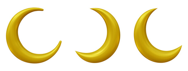 Set of Islamic crescent moon icon in 3d rendering isolated on transparent background in golden color. Symbol shape design for islamic, religion, ramadan and eid concept. - obrazy, fototapety, plakaty