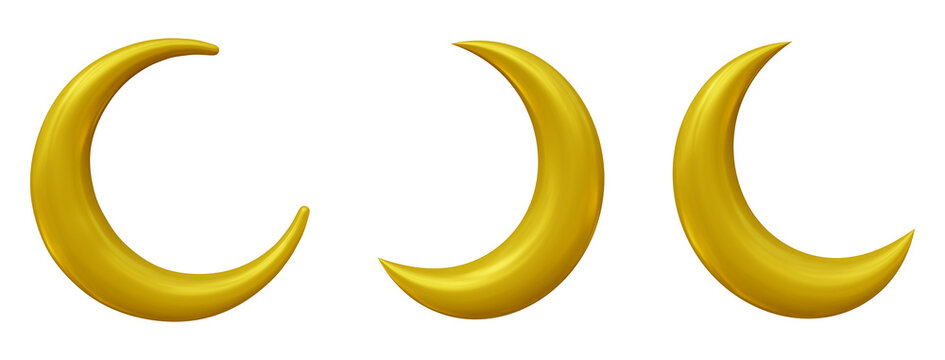 Set of Islamic crescent moon icon in 3d rendering isolated on transparent background in golden color. Symbol shape design for islamic, religion, ramadan and eid concept.