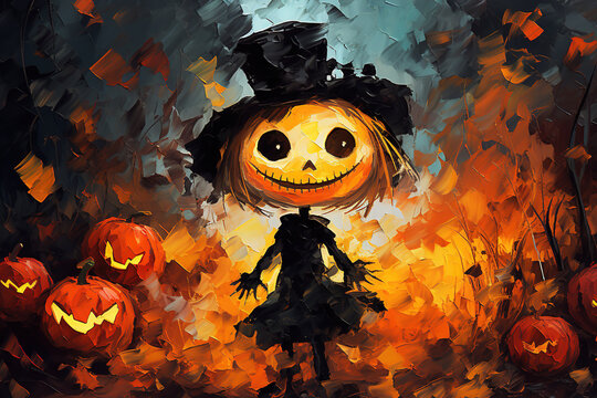 Pumpkin monster. Oil painting greeting card for Halloween. Generative AI