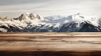 Wooden tabletop with snowy mountains in the background. Generative AI