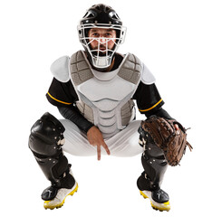 Man in helmet sitting in uniform and helmet, baseball player isolated on transparent background....