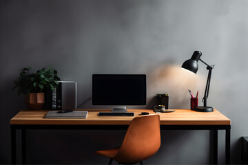 industrial work desk design with plain walls, table, laptop, lamp, photo frames and decorations, modern industrial interior