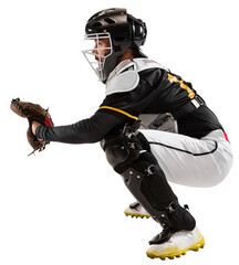 Man in helmet sitting in uniform and helmet, baseball player isolated on transparent background. Side view. Concept of professional sport, hobby, competition, game, active lifestyle. - obrazy, fototapety, plakaty