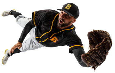 Man, baseball player in motion, catching ball and falling down isolated on transparent background. Winner. Concept of professional sport, hobby, competition, game, active lifestyle.