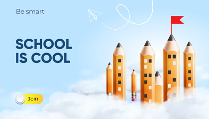 Obraz premium Back to school, web banner, poster. Pencils like school buildings surrounded by clouds