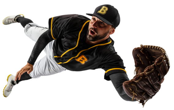 Man, baseball player in motion, catching ball and falling down isolated on transparent background. Winner. Concept of professional sport, hobby, competition, game, active lifestyle. - Powered by Adobe