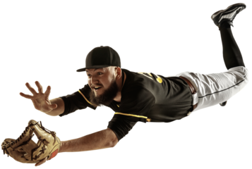 Man, baseball player in motion, catching ball and falling down isolated on transparent background. Concept of professional sport, hobby, competition, game, active lifestyle.