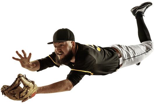 Man, baseball player in motion, catching ball and falling down isolated on transparent background. Concept of professional sport, hobby, competition, game, active lifestyle. - Powered by Adobe