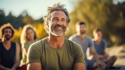 Portrait of happy mature men with blurred group people outdoor, Generative AI