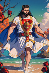 Obraz premium Multicolored illustration of Jesus Christ in white or red robes walking on water in comic book style 