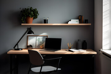 industrial work desk design with plain walls, table, laptop, lamp, photo frames and decorations, modern industrial interior