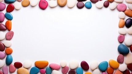 An arrangement of colorful stones on white background with copy space